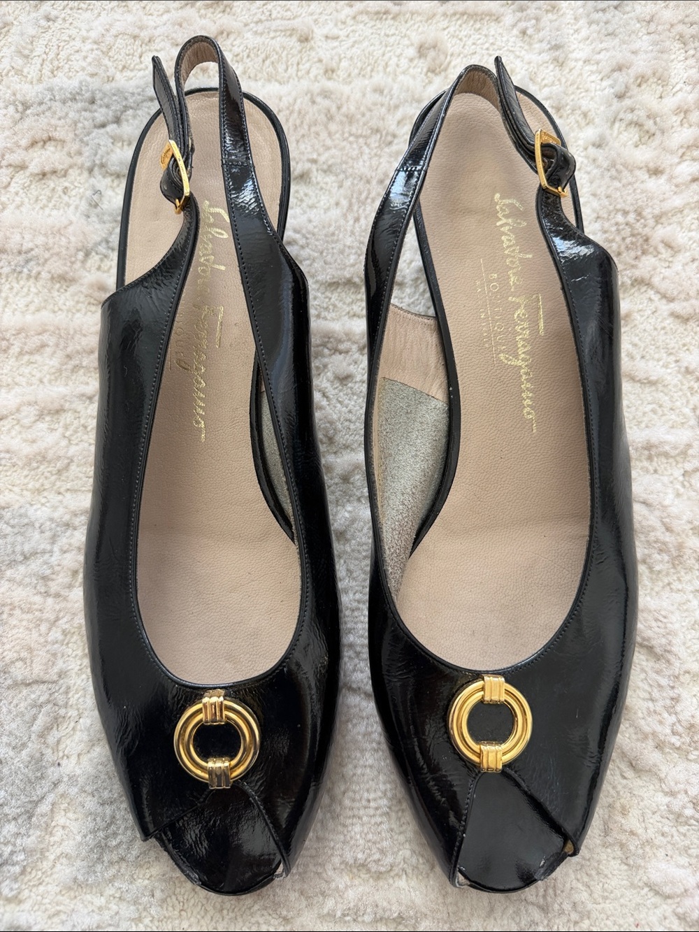 Salvatore Ferragamo Black Patent Leather Slingback Mules with Gold Ring Detail